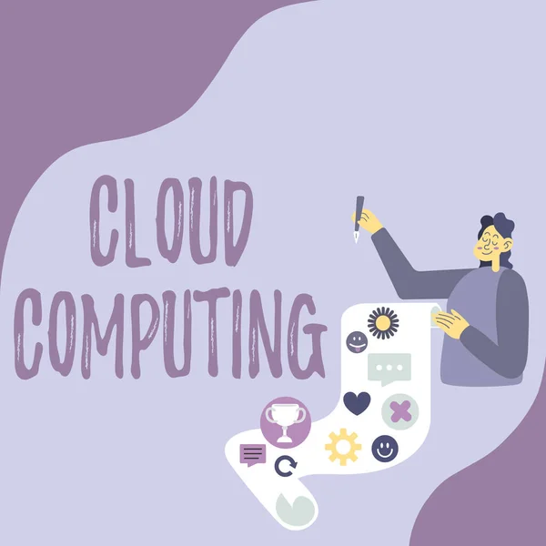 Ručně psané znamení Cloud Computing. Business overview use a network of remote servers hosted on the Internet Lady Presenting Paper Show Her Accomplishments Goals Project Ideas. — Stock fotografie