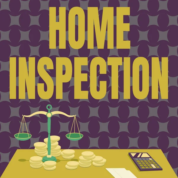 Handschriftliches Zeichen Home Inspection. Internet-Konzept Untersuchung des Zustandes einer Immobilie mit Bezug zum Eigenheim Bilanzskala, umgeben von Münzrechnern, die Finanzhypotheken zählen. — Stockfoto