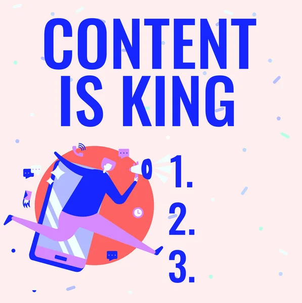 Εννοιολογικό περιεχόμενο λεζάντας είναι ο βασιλιάς. Word for Content is the heart of today marketing strategies Man Drawing Holding Megaphone Τρέχει με τηλέφωνο Κάνοντας Σχόλια. — Φωτογραφία Αρχείου