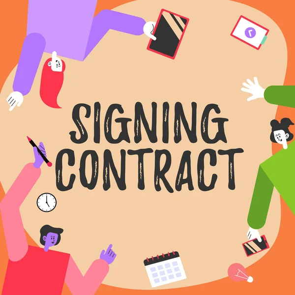 Conceptual caption Signing Contract. Business idea the parties signing the document agree to the terms Colleagues Carrying S Decorating Mobile Application Defining Teamwork.