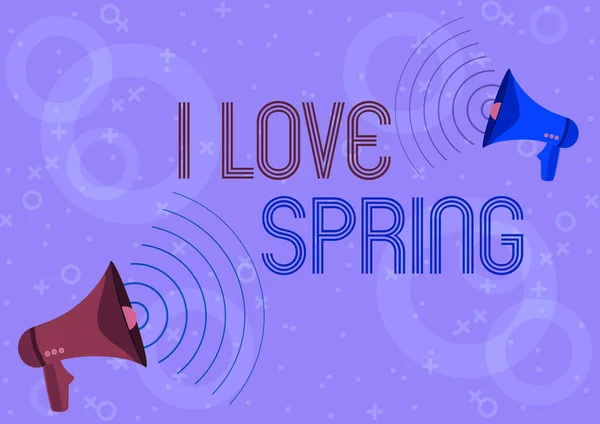 Text showing inspiration I Love Spring. Business idea Affection for season of year where there are lot of flowers Pair Of Megaphones Drawing Producing Sound Waves Making Announcement. — Stock Photo, Image