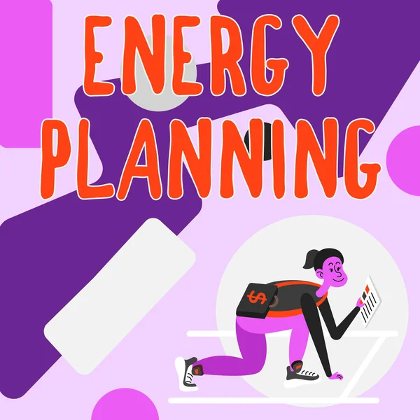 Handstil text Energiplanering. Internet Koncept att göra en strategi och plan för förbrukningen av energi Kvinna bär Portfölj Läsa Tidningar Förbereda sig för att börja investera. — Stockfoto