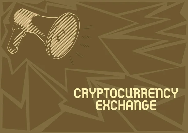 Écriture d'afficher le texte Crypto Bureau de change. Mot écrit sur le commerce de devises numériques pour d'autres actifs Illustration d'un haut-parleur mégaphones fort faisant de nouvelles annonces. — Photo
