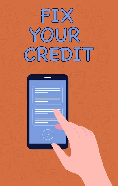 Segno di scrittura a mano fissare il credito. Concetto di Internet Mantenere saldi bassi su carte di credito e altri crediti Illustrazione di mano utilizzando Smart Phone sms Nuovi messaggi importanti. — Foto Stock