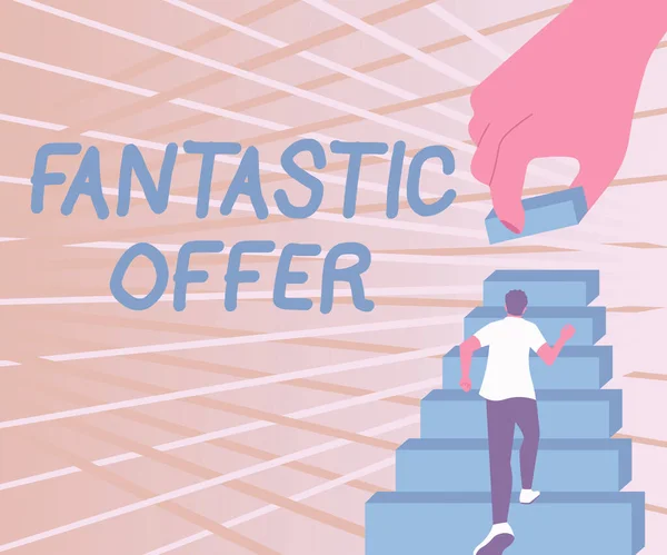 Sinal de escrita de mão Oferta Fantástica. Palavra para o vendedor aceita ofertas e está disposto a negociar Gentleman Climbing Up Stair Case Tentando Alcançar Metas Definindo Progresso. — Fotografia de Stock