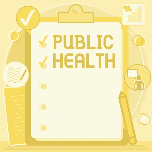 Segno di testo che mostra la salute pubblica. Concetto che significa Promuovere stili di vita sani per la comunità e la sua visualizzazione Disegno Appunti con Checklist. — Foto Stock