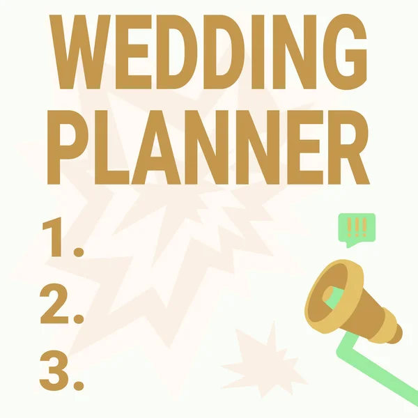Pisanie tekstu Planer ślubny. Koncepcja biznesowa Wedding Planner Ilustracja trzymania Megafon z Sun Ray Dokonywanie ogłoszenia. — Zdjęcie stockowe