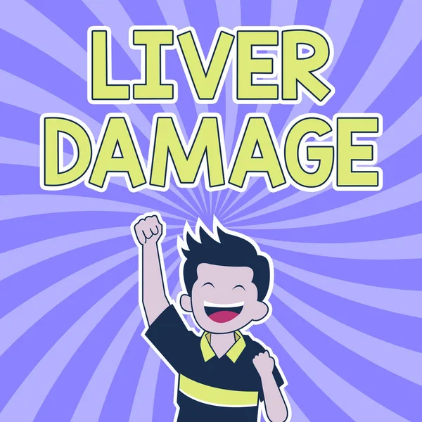 Sign displaying Liver Damage. Business approach damage to the liver and its function due to alcohol abuse Cheerful Man Enjoying Accomplishment With Spiral Background Raising Hand. — Stock Photo, Image