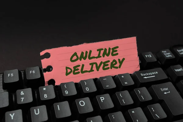 Online Delivery 에서 제공되었다. Business overview of the act or how of deliver something through the net Converting Written Notes To Digital Data, Typing Important Coding Files — 스톡 사진