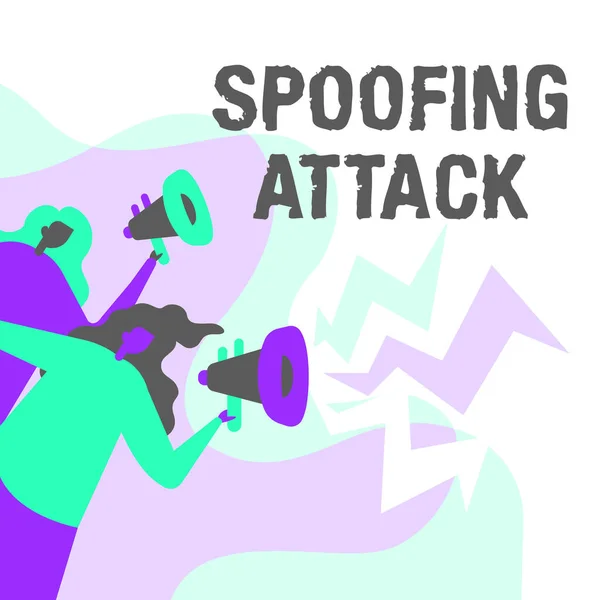 Inspiration showing sign Spoofing Attack. Word Written on impersonation of a user, device or client on the Internet Women Drawing Holding Megaphones Making Announcement To The Public. — Stock Photo, Image