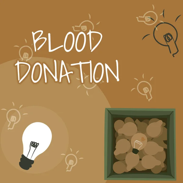 Escrevendo exibindo texto Doação de sangue. Visão geral dos negócios Processo de coleta de testes e armazenamento de sangue total Desenho de lâmpada brilhante na caixa Exibindo descobertas frescas. — Fotografia de Stock