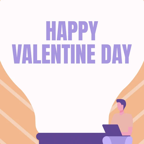 Znak tekstowy pokazujący szczęśliwe Walentynki. Biznes podejście specjalny dzień dla miłośników wyrazić swoje uczucia do siebie dżentelmen siedzi i za pomocą laptopa obok dużej żarówki. — Zdjęcie stockowe