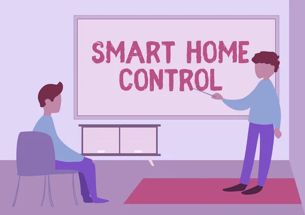 Conceptuele weergave Smart Home Control. Word Written on biedt eigenaren veiligheid comfort en energie-efficiëntie Leraar en student tekenen met klasse privé in een klaslokaal. — Stockfoto