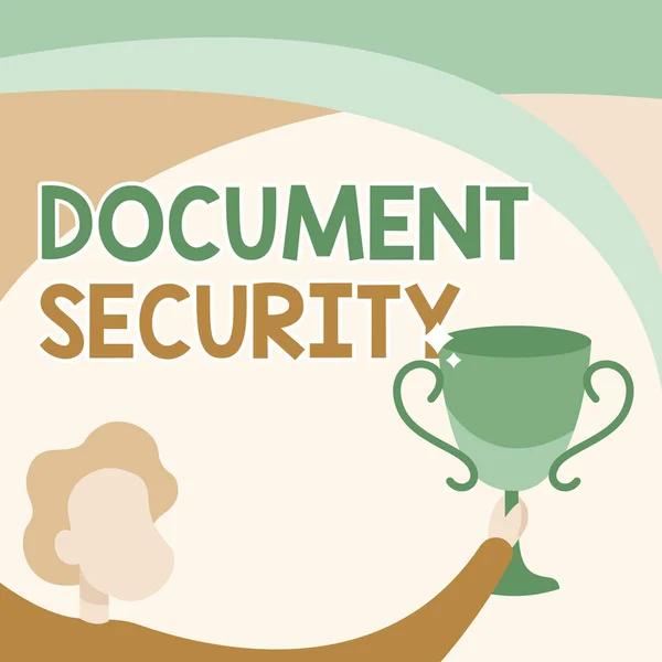 Hand writing sign Document Security. Concept meaning means in which important documents are filed or stored Man Holding Trophy Cup Up High Celebrating Victory Achievement.