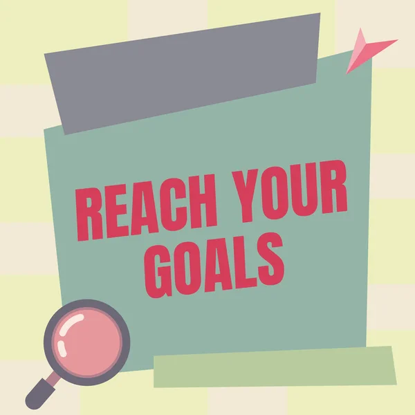 Bildunterschrift: Reach Your Goals. Business-Schaufenster erreichen, was Sie tun Träume oder zu tun Liste Lupe Zeichnung Suche nach Beweisen in Blank Billboard getan werden wollte. — Stockfoto