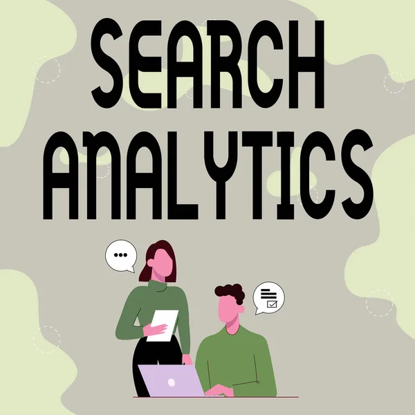 Conceptuele weergave Search Analytics. Business showcase onderzoeken bepaalde interacties tussen webzoekers Partners delen van nieuwe ideeën voor verbetering van vaardigheden Werkstrategieën. — Stockfoto