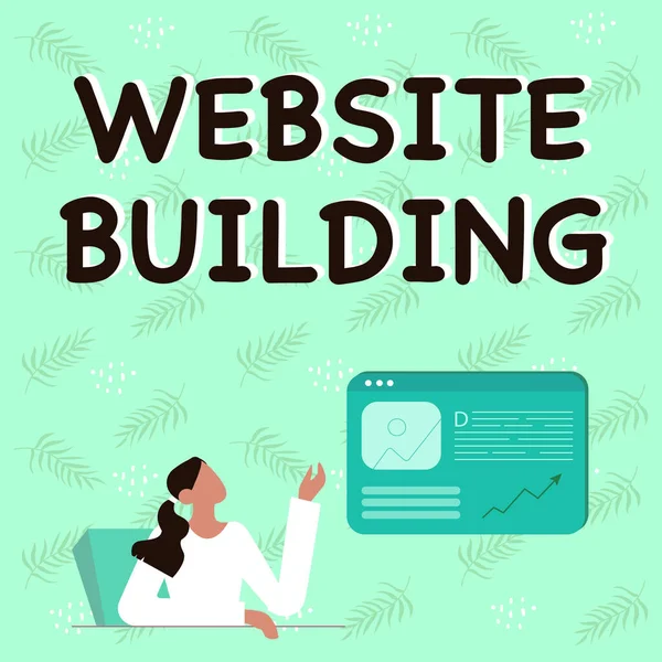Text showing inspiration Website Building. Business overview Website Building Line Drawing For Lady Sitting Presenting New Ideas With Web Browser Screen — Stock Photo, Image
