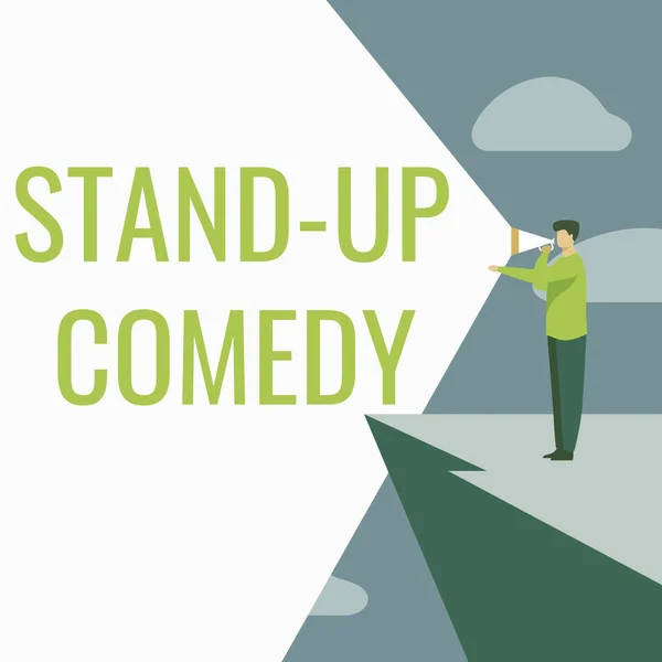 Znak tekstowy "Stand Up Comedy". Koncepcja oznacza Komik występujący przed publicznością na żywo Biznesmen Rysunek Stojący w klifie za pomocą Megafon Dokonywanie Ogłoszenie. — Zdjęcie stockowe