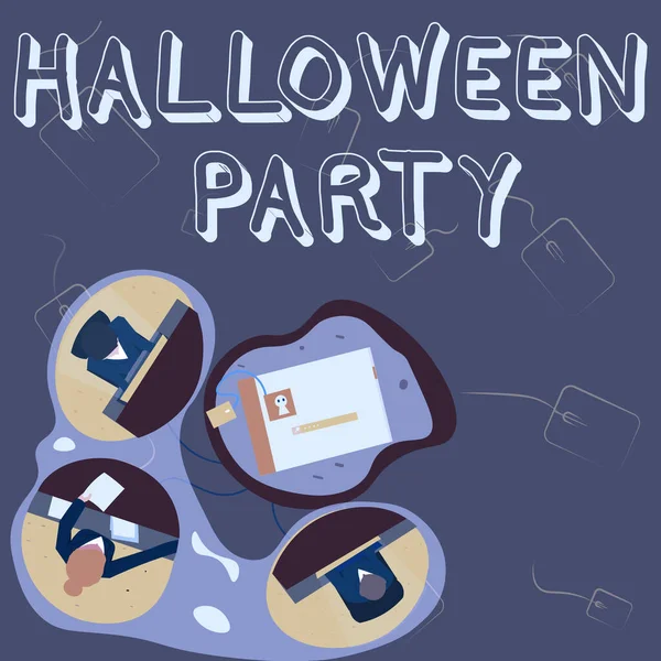 Conceptual display Halloween Party. Word Written on eve of the Western Christian feast of All Hallows Day Colleagues Having Office Meeting Sharing Thoughts Showing New Project Plan. — Stock Photo, Image