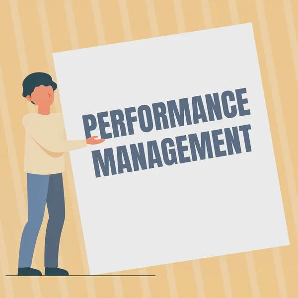 Conceptual display Performance Management. Word for Improve Employee Effectiveness overall Contribution Man Standing Drawing Holding Presenting Huge Blank Paper. — Stock Photo, Image