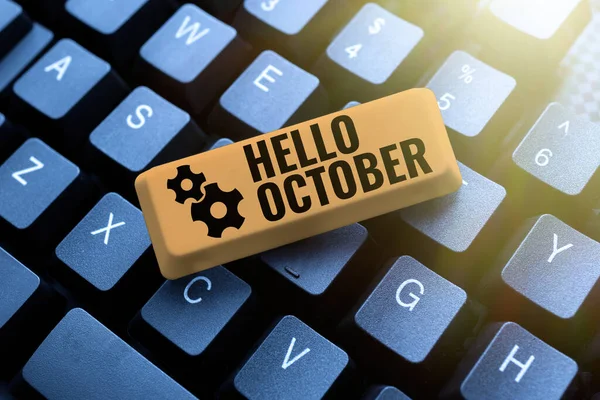 Exibição conceitual Hello October. Saudação abordagem de negócios usado ao receber o décimo mês do ano Conectando-se com amigos on-line, fazendo aquisições na Internet — Fotografia de Stock