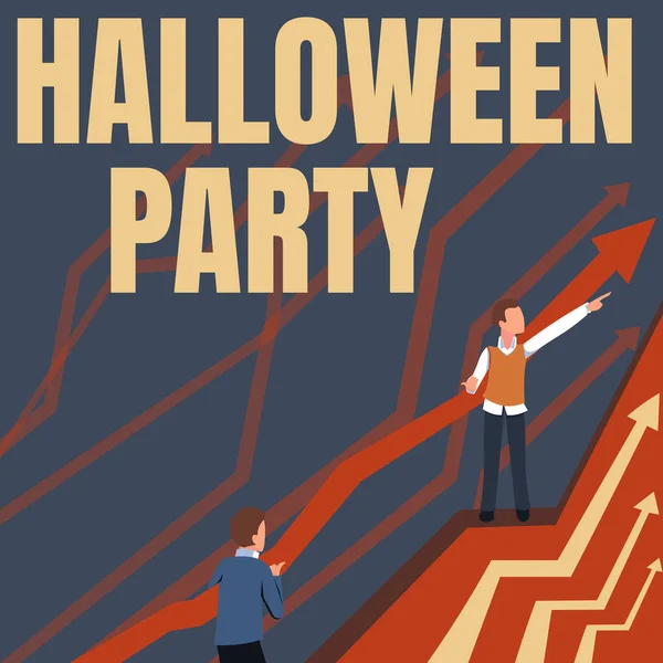 Texto de pie de foto presentando Halloween Party. Foto conceptual víspera de la fiesta cristiana occidental de todas las flechas del día de las reliquias que guían a dos empresarios colaboradores hacia un mejor plan financiero. —  Fotos de Stock