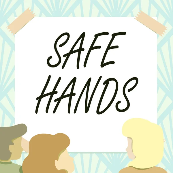 Kézírás szöveg Biztonságos kezek. Üzleti koncepció A fertőtlenítő kezek sterilitásának és tisztaságának biztosítása Csapattagok figyelik a Whiteboard Brainstorming új megoldásait — Stock Fotó