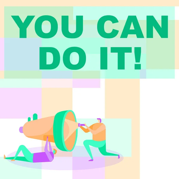 Podpis pod pojęciem "Możesz to zrobić". Koncepcyjne zdjęcie można to zrobić Robotnicy rysowanie pomaga sobie nawzajem z latarką, aby naprawić megafon. — Zdjęcie stockowe
