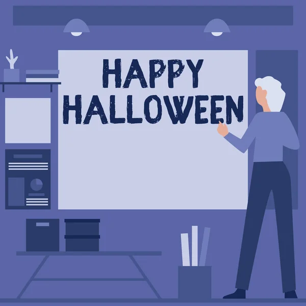 손으로 쓴건 해피 할로윈이야. All Hallows Day Businesswoman Casual standing Presenting Charts and New Wonderful Ideas. — 스톡 사진