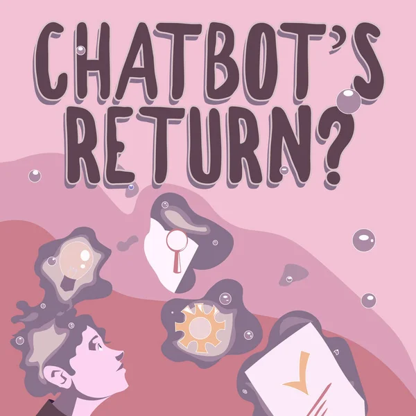 Conceptuele weergave Chatbot s is Return Question. Woord voor woord dat communiceert gebruik tekstinterface en AI Illustratie van een man die staat te komen met nieuwe geweldige ideeën — Stockfoto