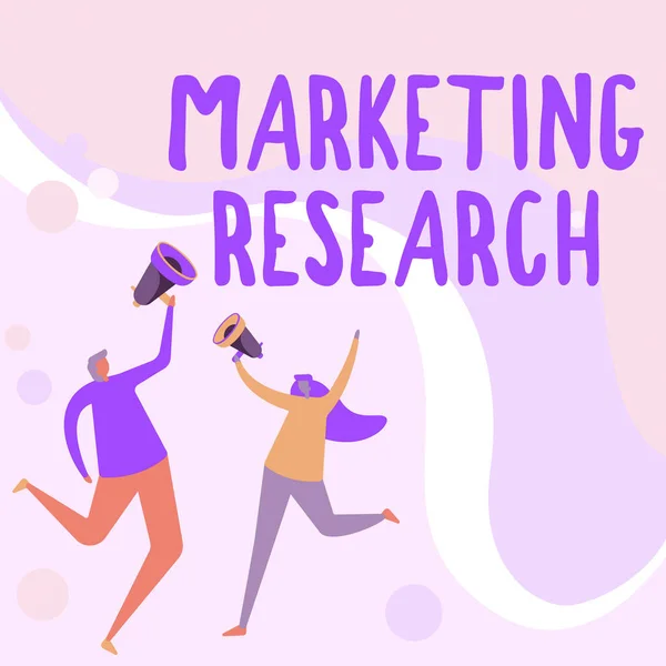 Text caption presenting Marketing Research. Internet Concept process of determining the viability of a new service Illustration Of Partners Jumping Around Sharing Thoughts Through Megaphone. — Stock Photo, Image