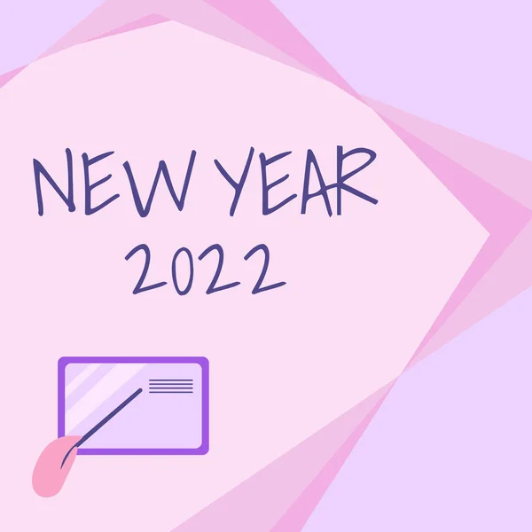 手書きのテキスト新年2022.コンセプトフォトグリーティングお祝いの休日新鮮なスタート小さな詳細でハンドポイントスティックで最高の願いカードの描画. — ストック写真
