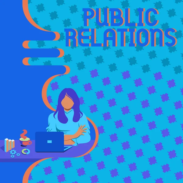 Conceptuele bijschrift Public Relations. Bedrijfsoverzicht praktijk omgaan met verspreiding van informatie tussen individuele Vrouw Zitten Met behulp van Laptop Online Sessie Discussie Laatste Projecten. — Stockfoto