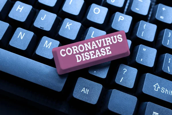 Знак тексту, що показує хворобу Коронавіруса. Концепція означає хворобу, спричинену новим вірусом SARSCoV2 Типове позначення продукту і опису, введення важливих кодів даних — стокове фото