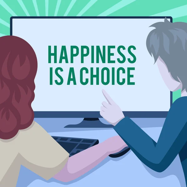 Titulek s textem "Štěstí je volba". Internet Koncept Zůstaňte šťastní po celou dobu veselý inspirovaný motivovaný pár Kreslení pomocí stolního počítače Dokončení jejich práce. — Stock fotografie
