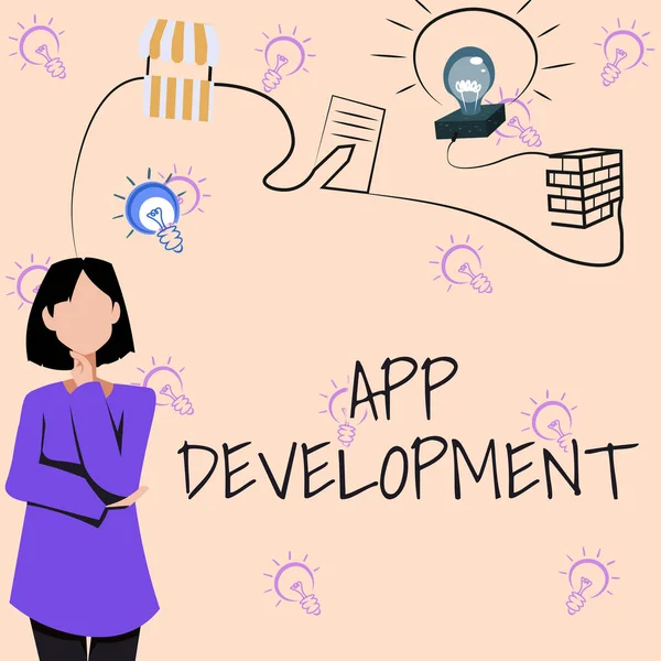 Escrevendo exibindo texto App Development. Internet Concept Serviços de desenvolvimento para incríveis experiências móveis e web Mulher Pensamento Inovador Ideias Líderes Para um Futuro Estável. — Fotografia de Stock