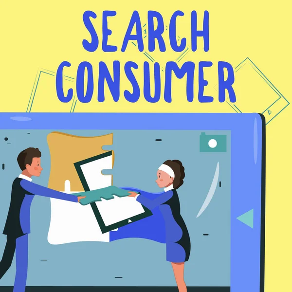 検索コンシューマーを表示します。市場の消費者の嗜好や行動に関する研究に関する言葉同僚による新しいプロジェクト計画の作成最新のアイデアを発表. — ストック写真