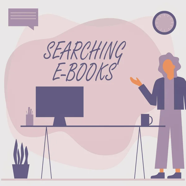 Text showing inspiration Searching E Books. Conceptual photo looking for an electronic form of educational material Woman Standing Office Using Laptop With Speech Bubble Beside Plant Vase. — Stock Photo, Image