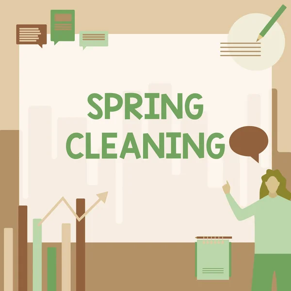 Υπογραφή εμφάνισης Spring Cleaning. Επιχειρηματική πρακτική έννοια του σχολαστικού καθαρισμού σπίτι την άνοιξη Businesswoman Casual Μόνιμη Παρουσιάζοντας διαγράμματα και νέες υπέροχες ιδέες. — Φωτογραφία Αρχείου