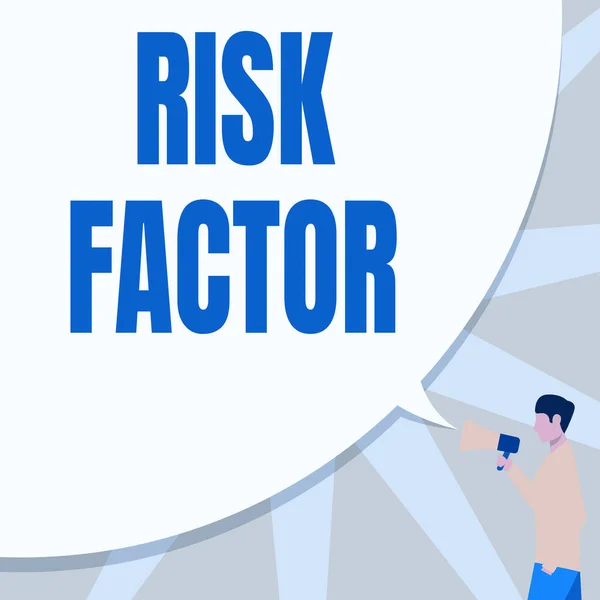 Writing displaying text Risk Factor. Business concept Characteristic that may increase the percentage of acquiring a disease Man Drawing Hand In Pocket Holding Megaphone With Large Speech Bubble. — Stock Photo, Image