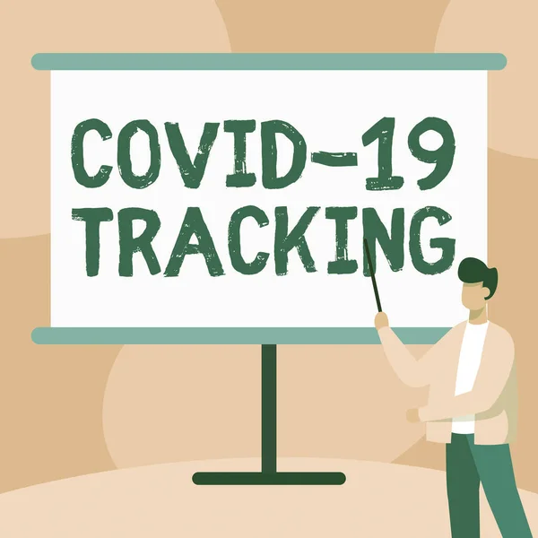 Υπογραφή εμφάνισης παρακολούθησης Covid 19. Business concept Διακριτική διαδικασία των πιθανών μολυσμένων ατόμων Δάσκαλος στο σακάκι σχέδιο Standing Pointing Stick στο Whiteboard. — Φωτογραφία Αρχείου