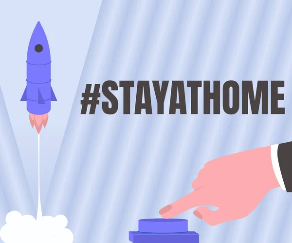 テキストの表示を書く｜Hashtag Stay at home.ビジネスは新しい地平線のためのスペースにロケットを発射するためにコロナウイルス発生に関連するソーシャルメディアでトレンドラベルを紹介します。. — ストック写真