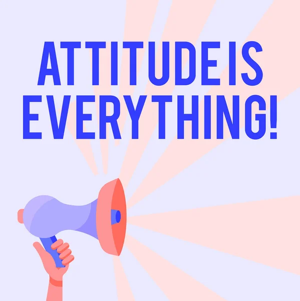 Teken Attitude Is Everything. Word Written on Positive Outlook is de gids voor een goed leven Illustratie van Hand Holding Megaphone met Sun Ray maken aankondiging. — Stockfoto