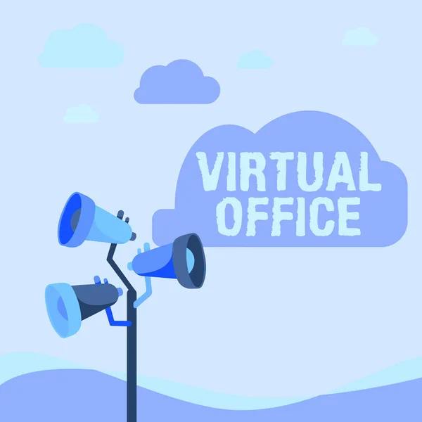 Podepsat zobrazení virtuální kanceláře. Obchodní nápad Virtuální Office Pole Megaphones Kreslení oznámení na otevřený prostor. — Stock fotografie