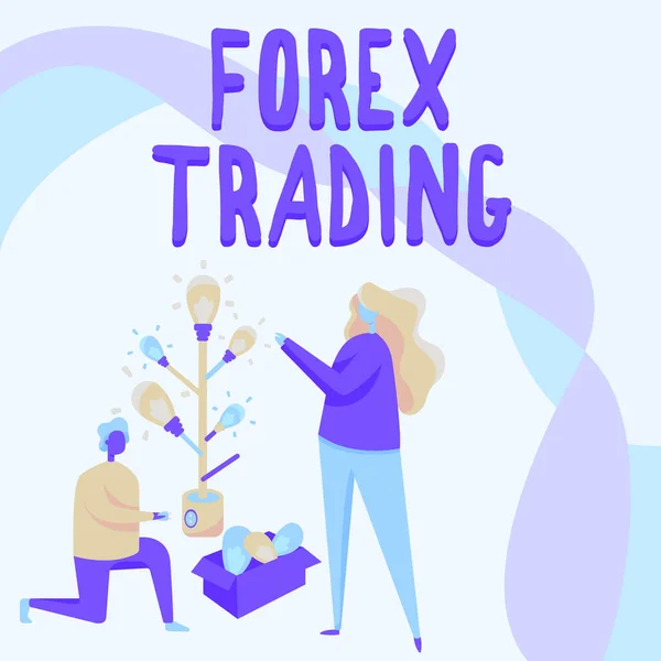 Conceptuele weergave Forex Trading. Zakelijke aanpak uitwisseling van valuta tussen twee of meer landen Man en vrouw Tekenen staande knielen Assembling gloeilamp Boom. — Stockfoto