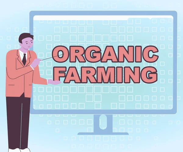İlham, organik çiftçiliği gösteriyor. İş yaklaşımı, sürdürülebilirlik için çabalayan bütünleşik tarım sistemi İşadamı Stansenting Charts Sunar Bilgisayar Ekranında Harika Fikirler — Stok fotoğraf