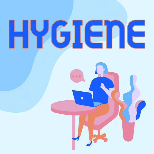 Hand writing sign Hygiene. Business showcase study of science of the establishment and maintenance of health Woman Sitting Office Desk Using Laptop With Speech Bubble Beside Plant. — Stock Photo, Image