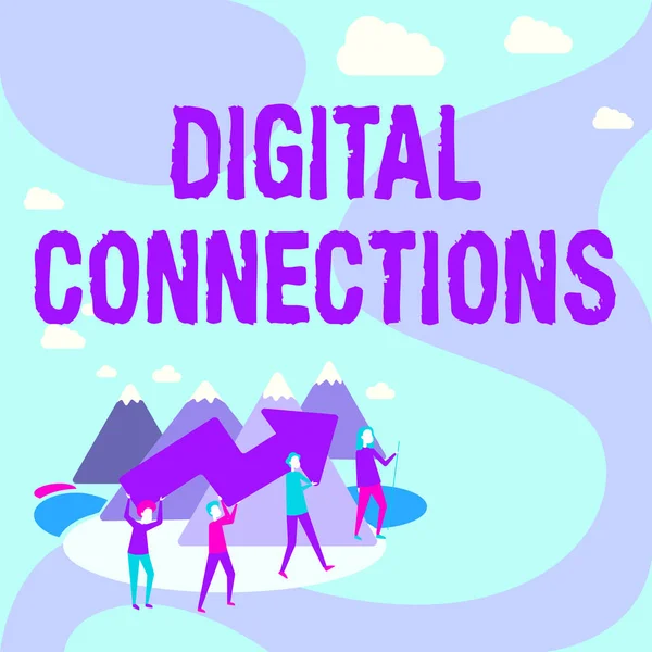 Pisanie tekstu Digital Connections. Przegląd biznesu Potężne sposoby podłączenia Online Global High Definition Czterej koledzy Ilustracja Wspinaczka Mountain Holding Duża strzałka. — Zdjęcie stockowe