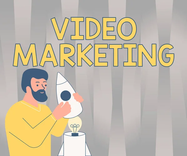 Sign displaying Video Marketing. Business showcase Video Marketing Illsutration Of Man Holding Rocketship Discovered Ideas Inside. — Stock Photo, Image