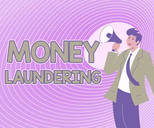 Conceptual caption Money Laundering. Business idea concealment of the origins of illegally obtained money Illustration Of A Man Pointing Away Holding Megaphone Making New Announcement
